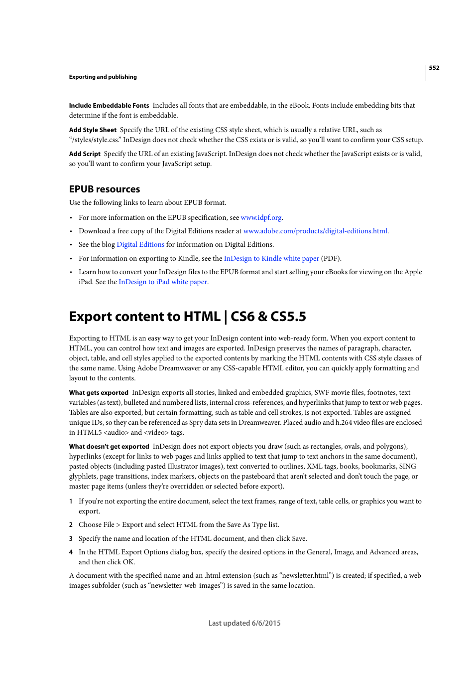 Epub resources, Export content to html | cs6 & cs5.5 | Adobe InDesign CC 2015 User Manual | Page 557 / 643