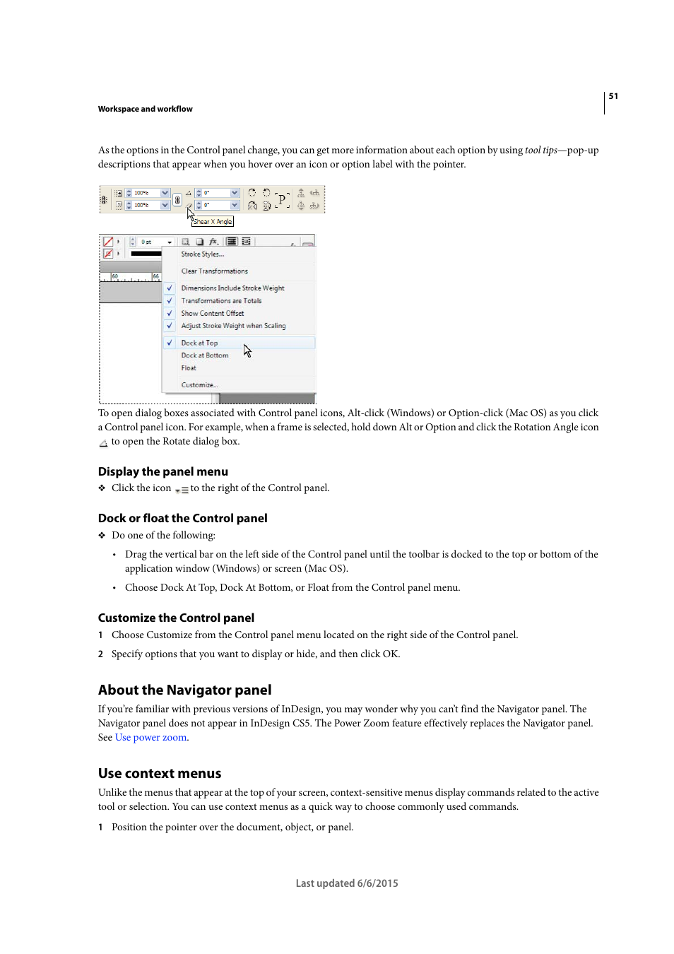 Display the panel menu, Dock or float the control panel, Customize the control panel | About the navigator panel, Use context menus | Adobe InDesign CC 2015 User Manual | Page 56 / 643