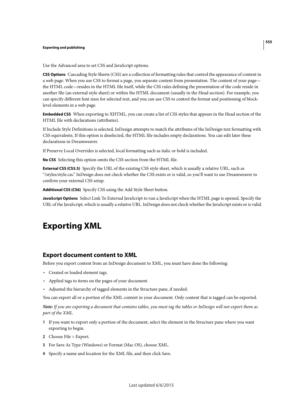 Exporting xml, Export document content to xml | Adobe InDesign CC 2015 User Manual | Page 560 / 643