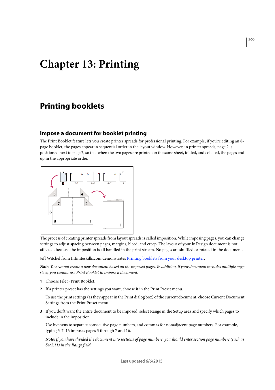 Chapter 13: printing, Printing booklets, Impose a document for booklet printing | Adobe InDesign CC 2015 User Manual | Page 565 / 643