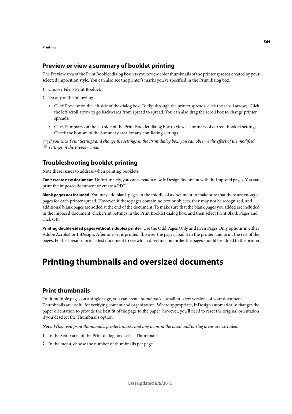 Preview or view a summary of booklet printing, Troubleshooting booklet printing, Printing thumbnails and oversized documents | Print thumbnails | Adobe InDesign CC 2015 User Manual | Page 569 / 643