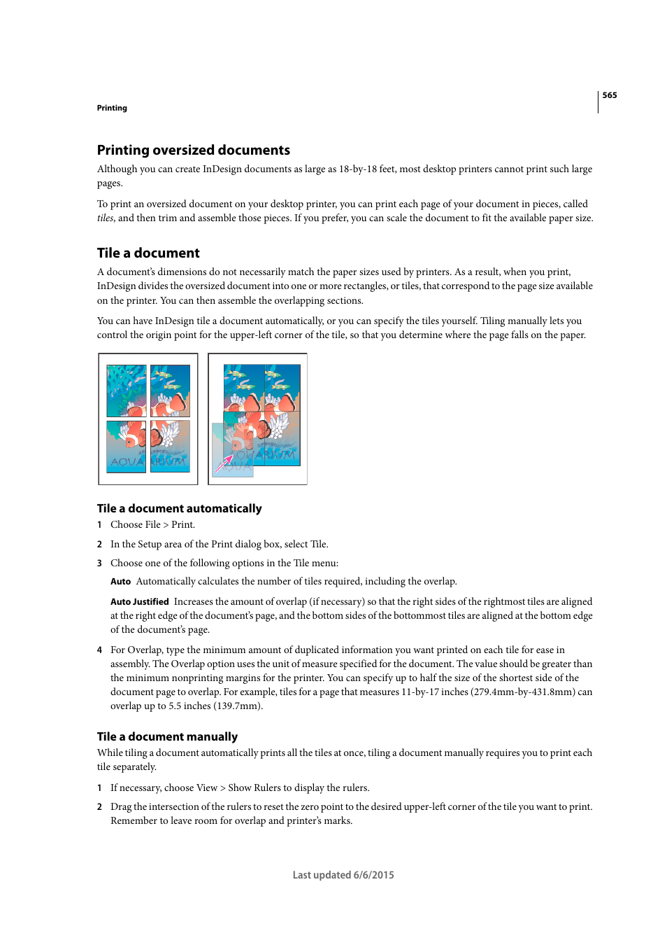 Printing oversized documents, Tile a document, Tile a document automatically | Tile a document manually | Adobe InDesign CC 2015 User Manual | Page 570 / 643