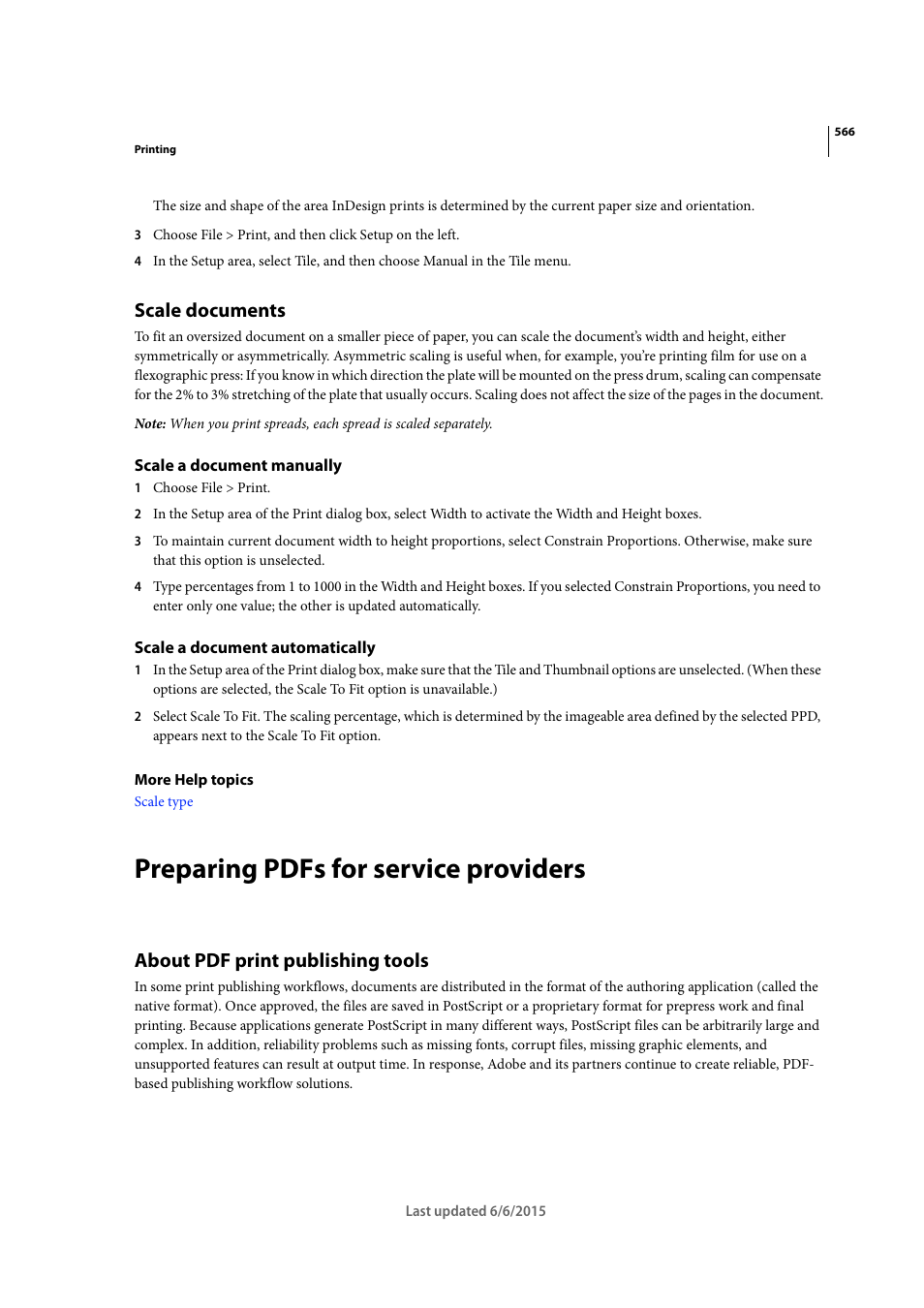 Scale documents, Scale a document manually, Scale a document automatically | Preparing pdfs for service providers, About pdf print publishing tools | Adobe InDesign CC 2015 User Manual | Page 571 / 643