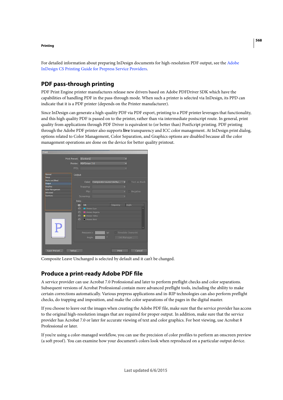 Pdf pass-through printing, Produce a print-ready adobe pdf file | Adobe InDesign CC 2015 User Manual | Page 573 / 643