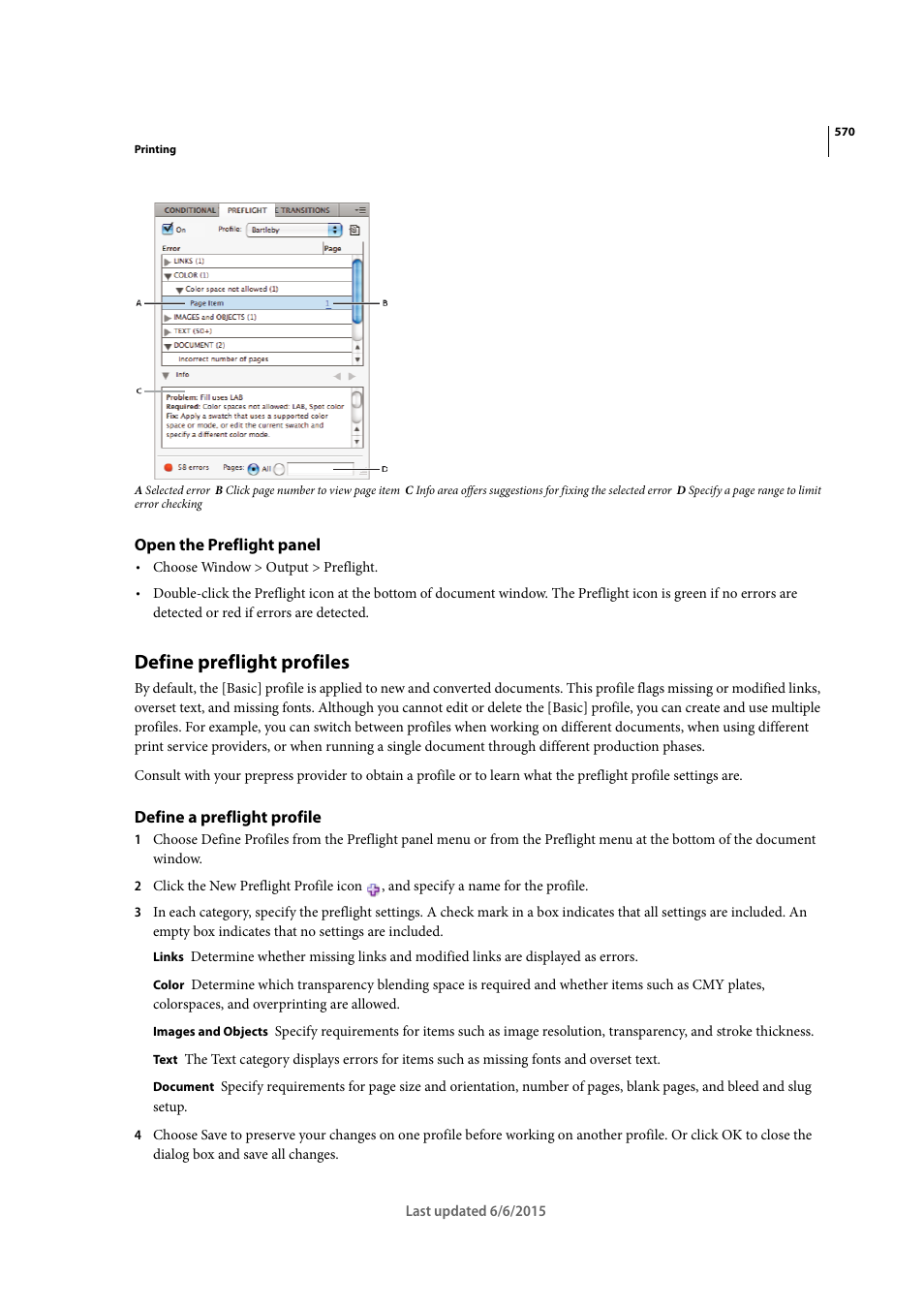 Open the preflight panel, Define preflight profiles, Define a preflight profile | Adobe InDesign CC 2015 User Manual | Page 575 / 643