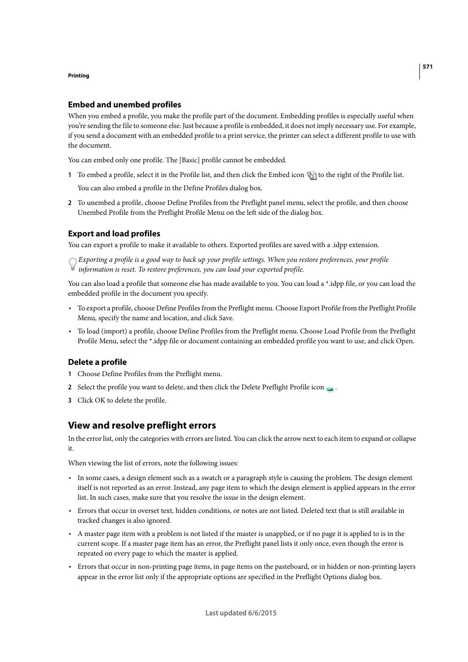 Embed and unembed profiles, Export and load profiles, Delete a profile | View and resolve preflight errors | Adobe InDesign CC 2015 User Manual | Page 576 / 643