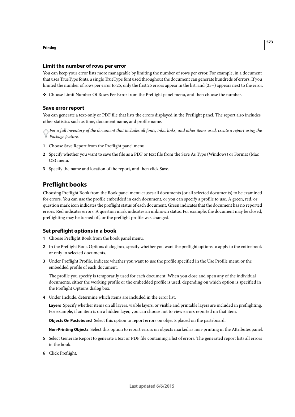 Limit the number of rows per error, Save error report, Preflight books | Set preflight options in a book | Adobe InDesign CC 2015 User Manual | Page 578 / 643