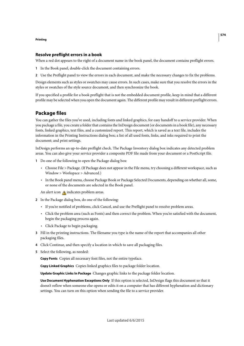 Resolve preflight errors in a book, Package files, Package | Files | Adobe InDesign CC 2015 User Manual | Page 579 / 643