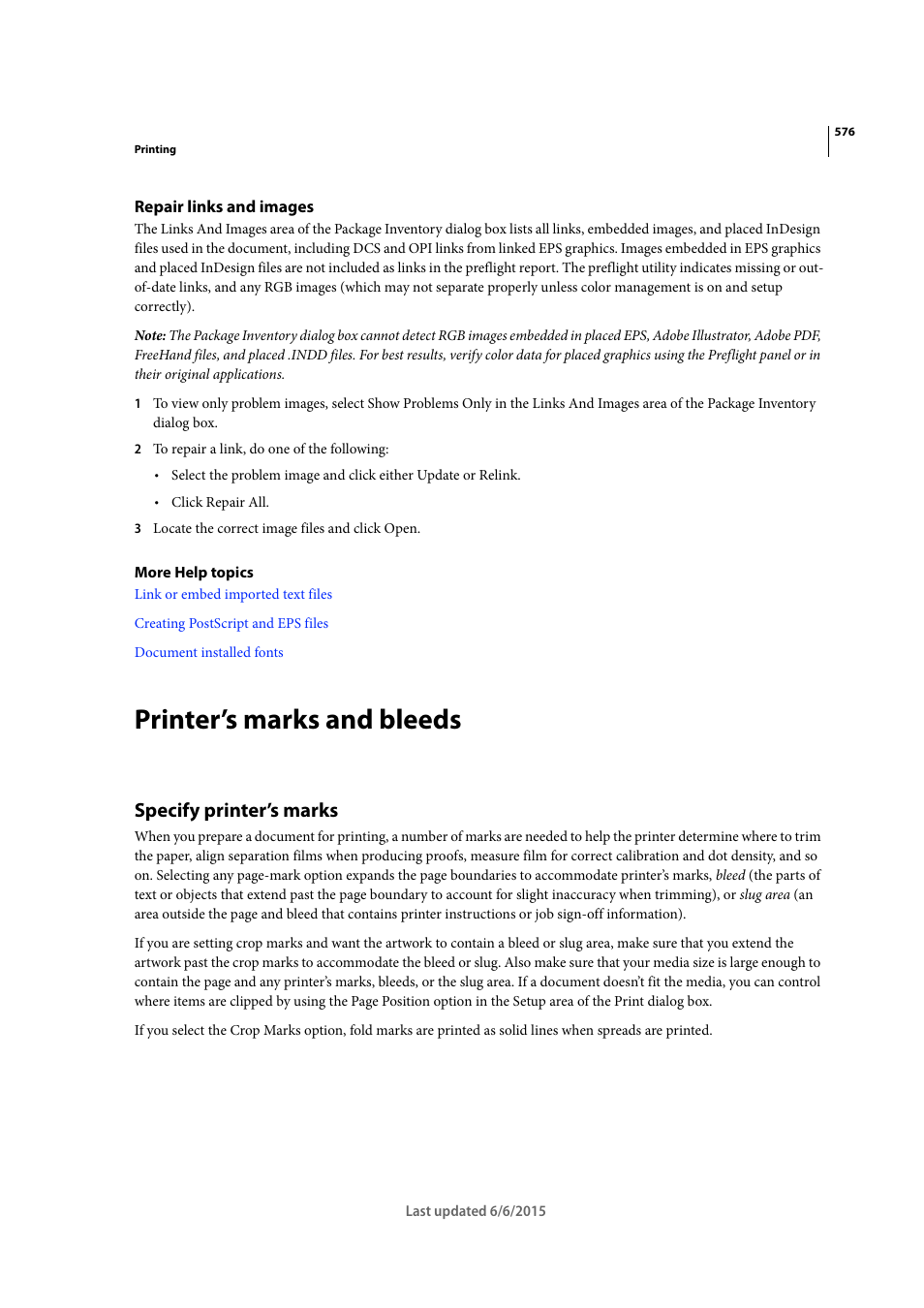 Repair links and images, Printer’s marks and bleeds, Specify printer’s marks | Adobe InDesign CC 2015 User Manual | Page 581 / 643