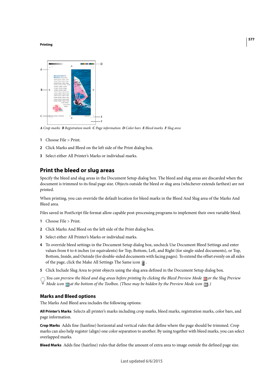 Print the bleed or slug areas, Marks and bleed options | Adobe InDesign CC 2015 User Manual | Page 582 / 643