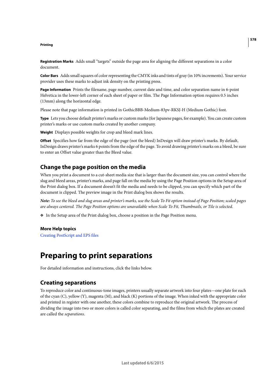 Preparing to print separations, Creating separations, Change the page position on the media | Adobe InDesign CC 2015 User Manual | Page 583 / 643