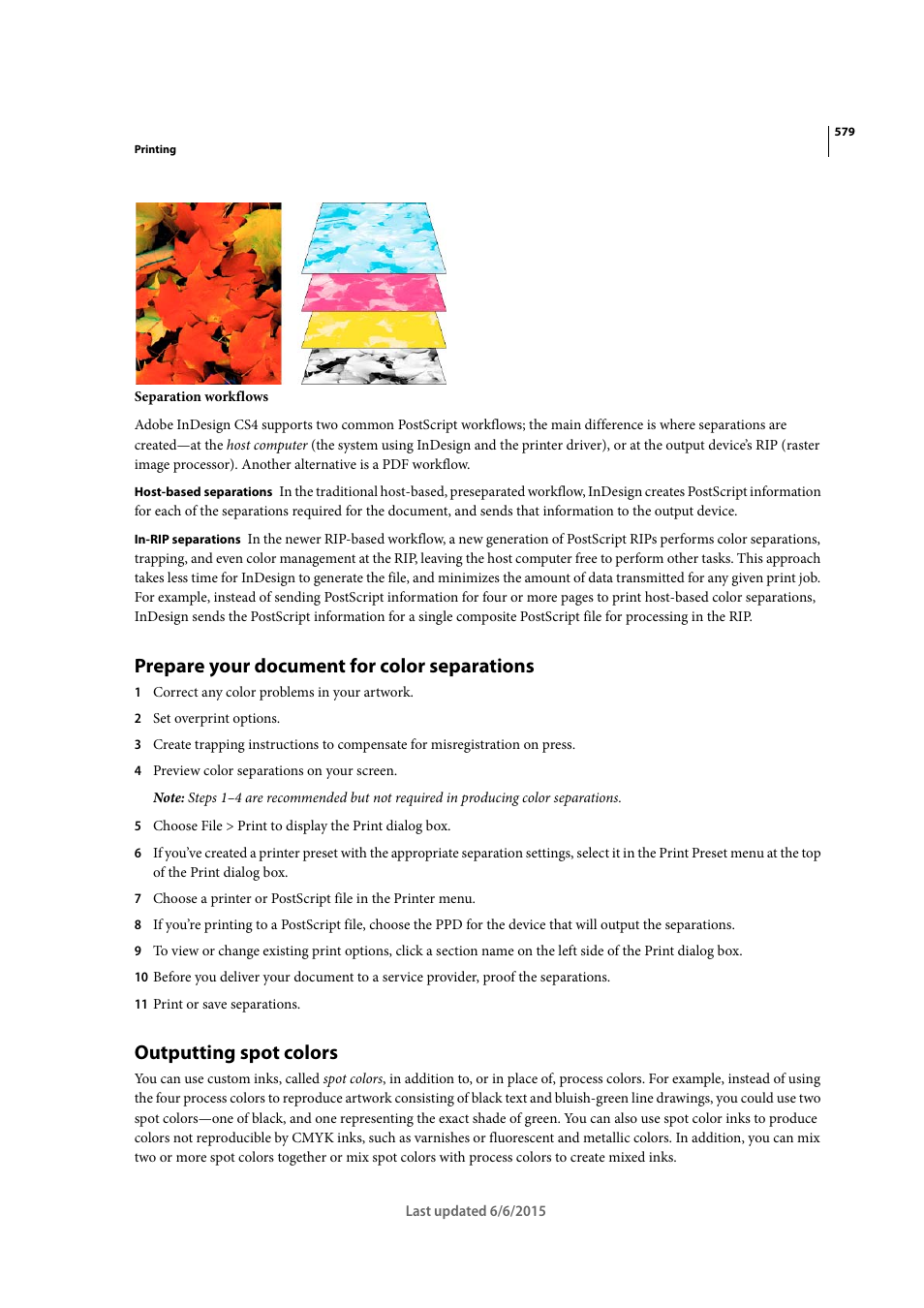 Prepare your document for color separations, Outputting spot colors | Adobe InDesign CC 2015 User Manual | Page 584 / 643