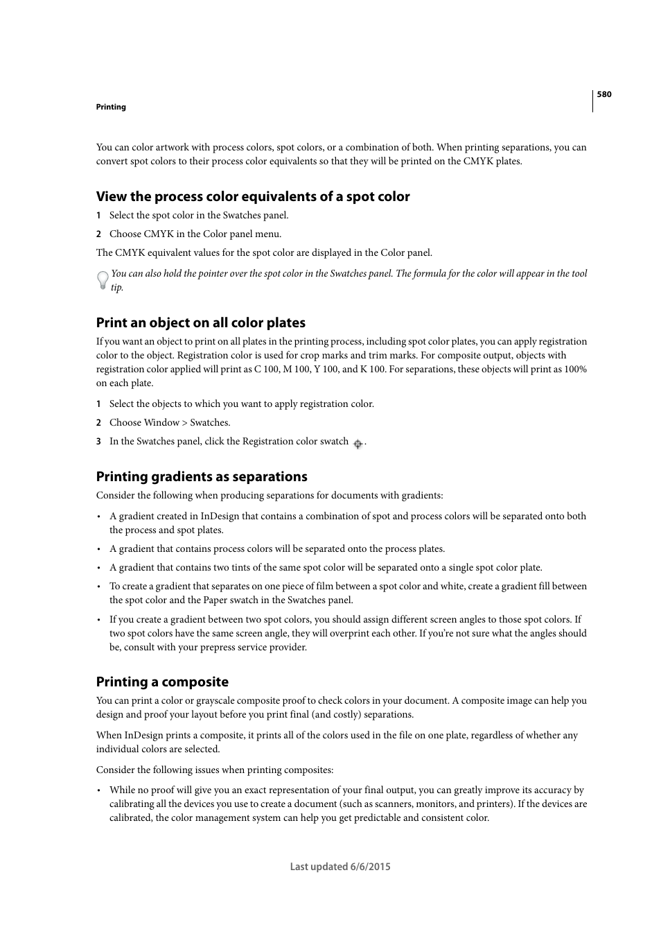 View the process color equivalents of a spot color, Print an object on all color plates, Printing gradients as separations | Printing a composite | Adobe InDesign CC 2015 User Manual | Page 585 / 643