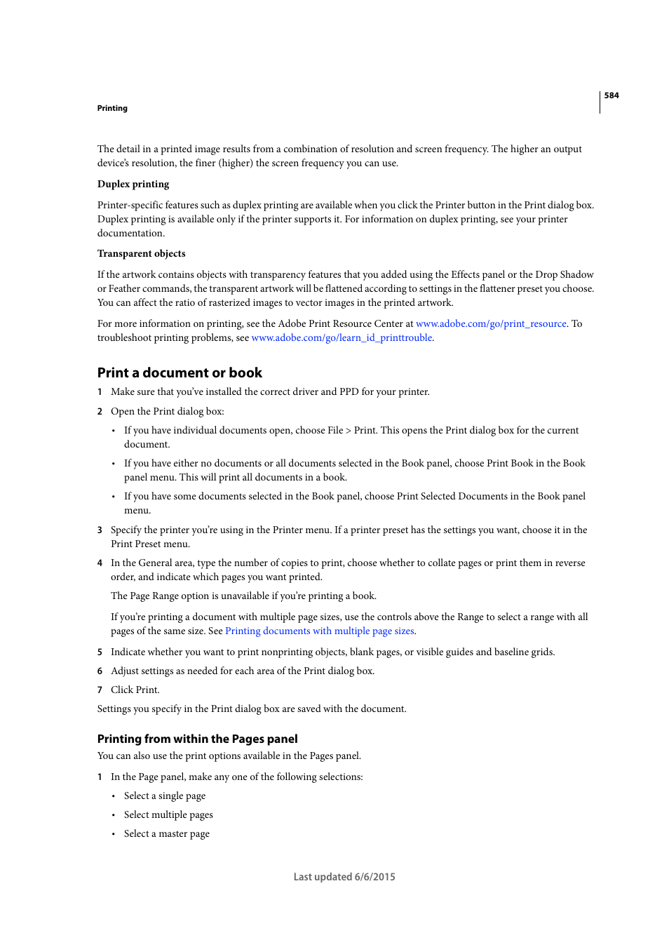 Print a document or book, Print a document or, Book | Adobe InDesign CC 2015 User Manual | Page 589 / 643