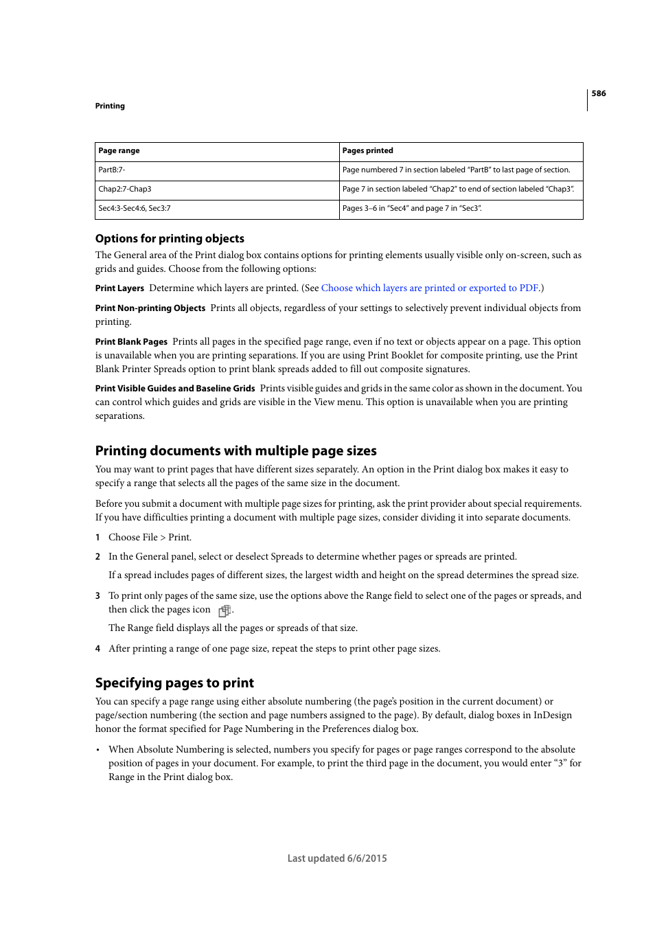 Options for printing objects, Printing documents with multiple page sizes, Specifying pages to print | Adobe InDesign CC 2015 User Manual | Page 591 / 643