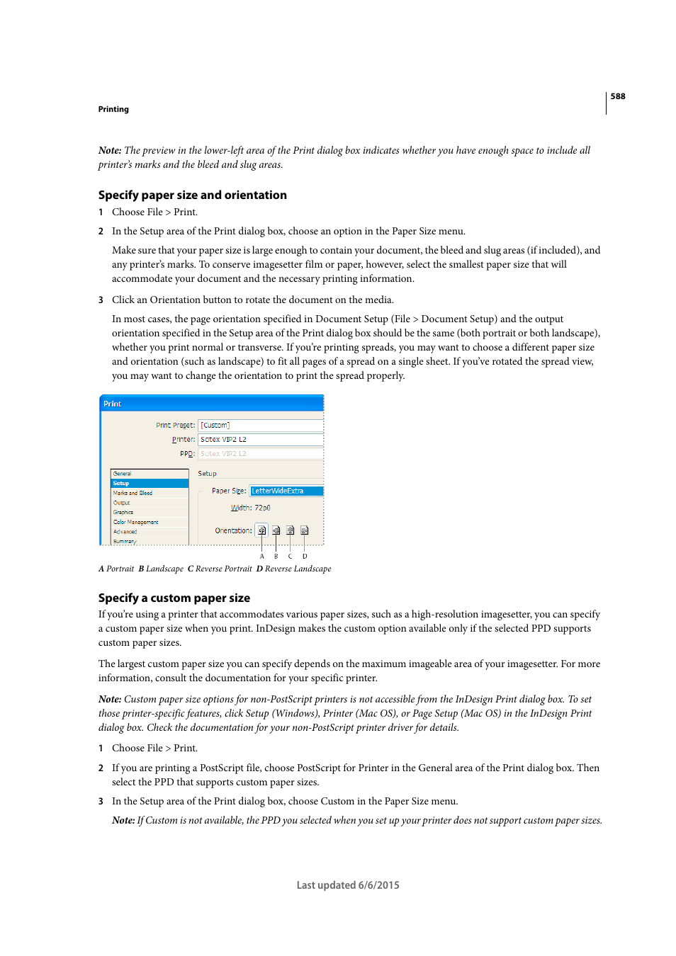 Specify paper size and orientation, Specify a custom paper size | Adobe InDesign CC 2015 User Manual | Page 593 / 643