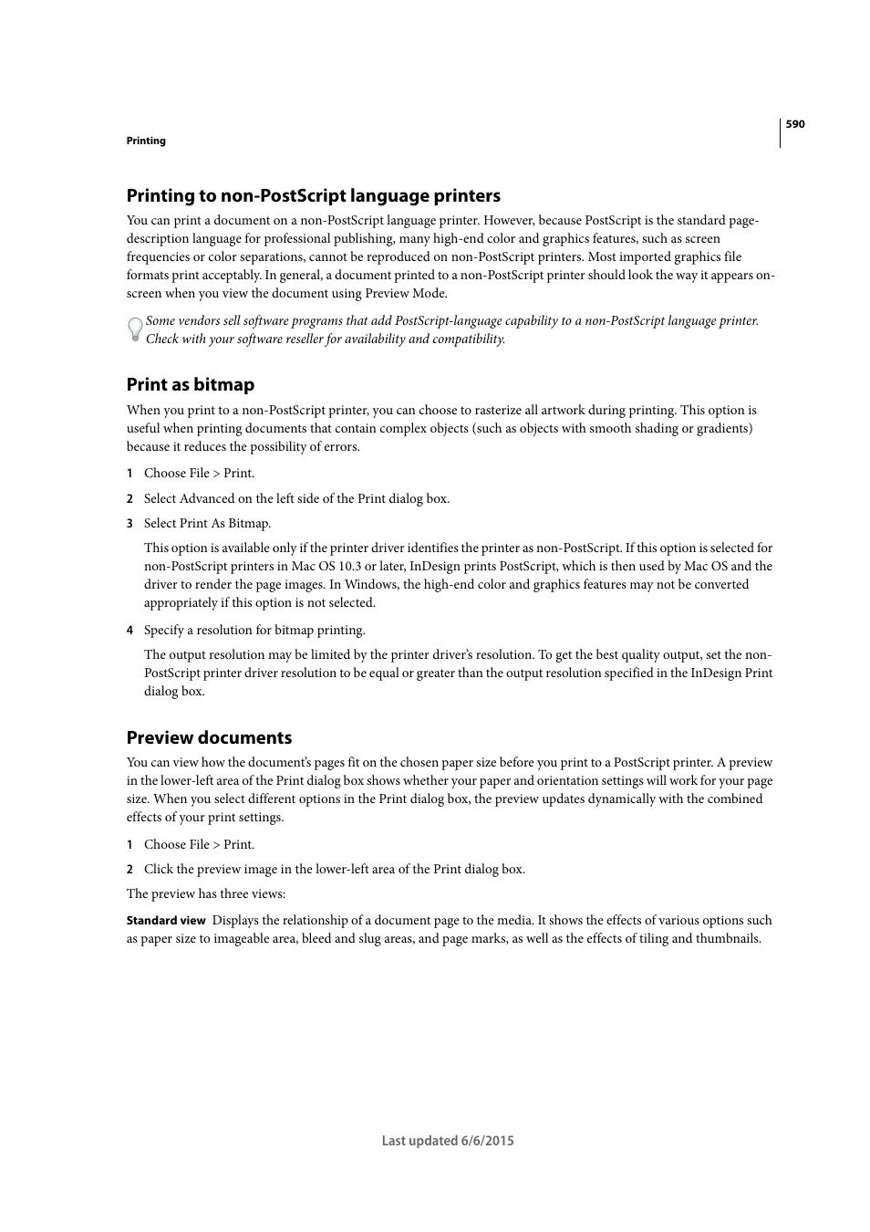 Printing to non-postscript language printers, Print as bitmap, Preview documents | Adobe InDesign CC 2015 User Manual | Page 595 / 643