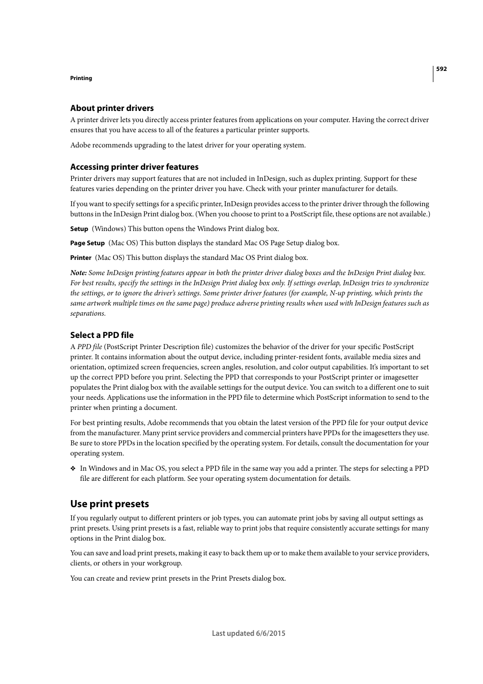 About printer drivers, Accessing printer driver features, Select a ppd file | Use print presets | Adobe InDesign CC 2015 User Manual | Page 597 / 643