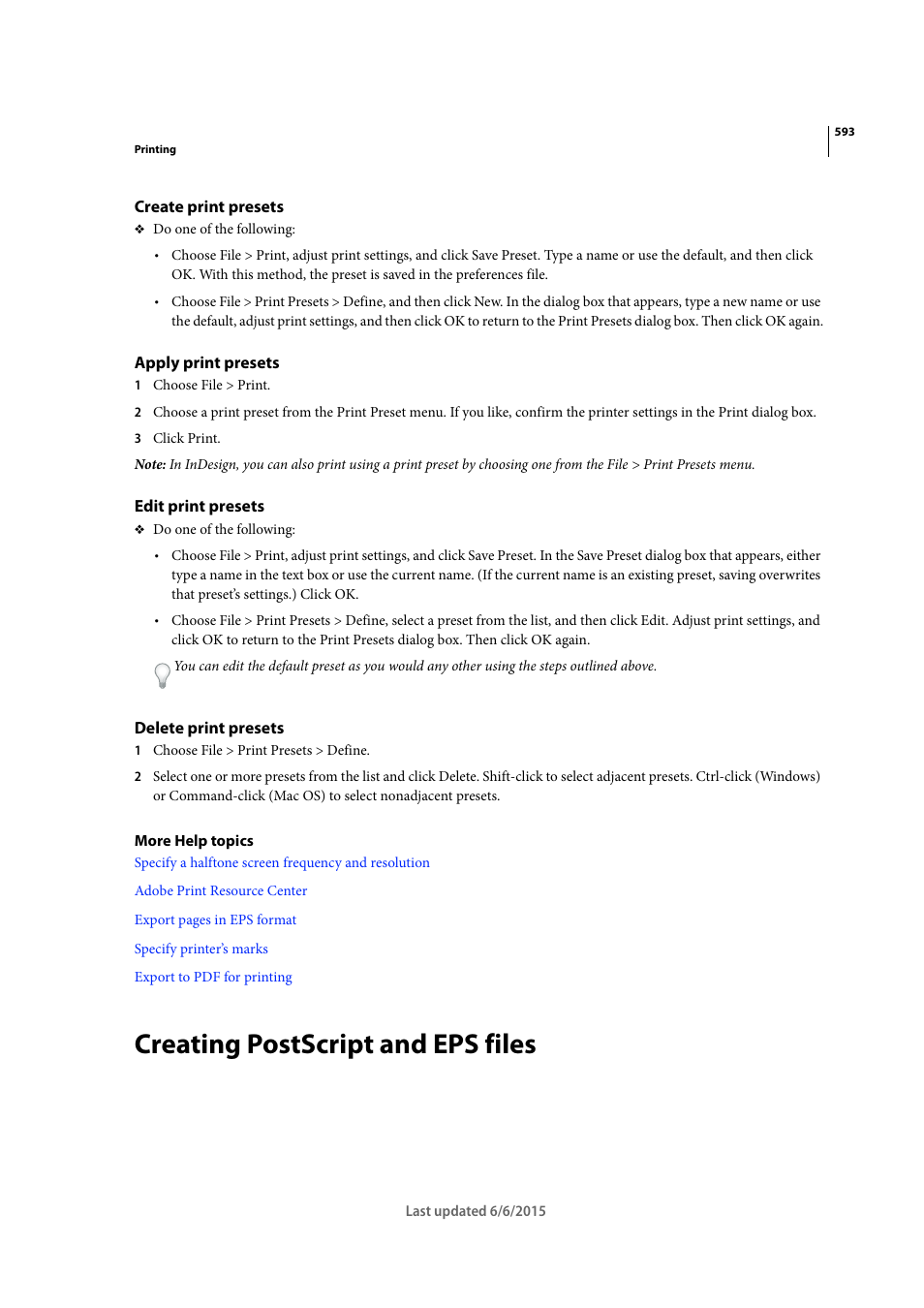 Create print presets, Apply print presets, Edit print presets | Delete print presets, Creating postscript and eps files | Adobe InDesign CC 2015 User Manual | Page 598 / 643