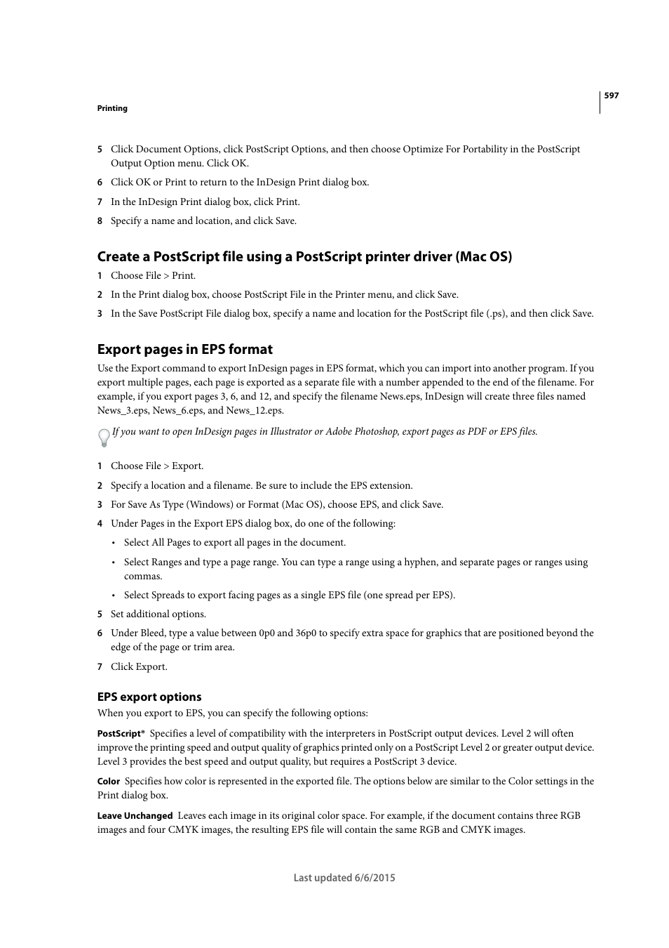 Eps export options, Export pages in eps format | Adobe InDesign CC 2015 User Manual | Page 602 / 643