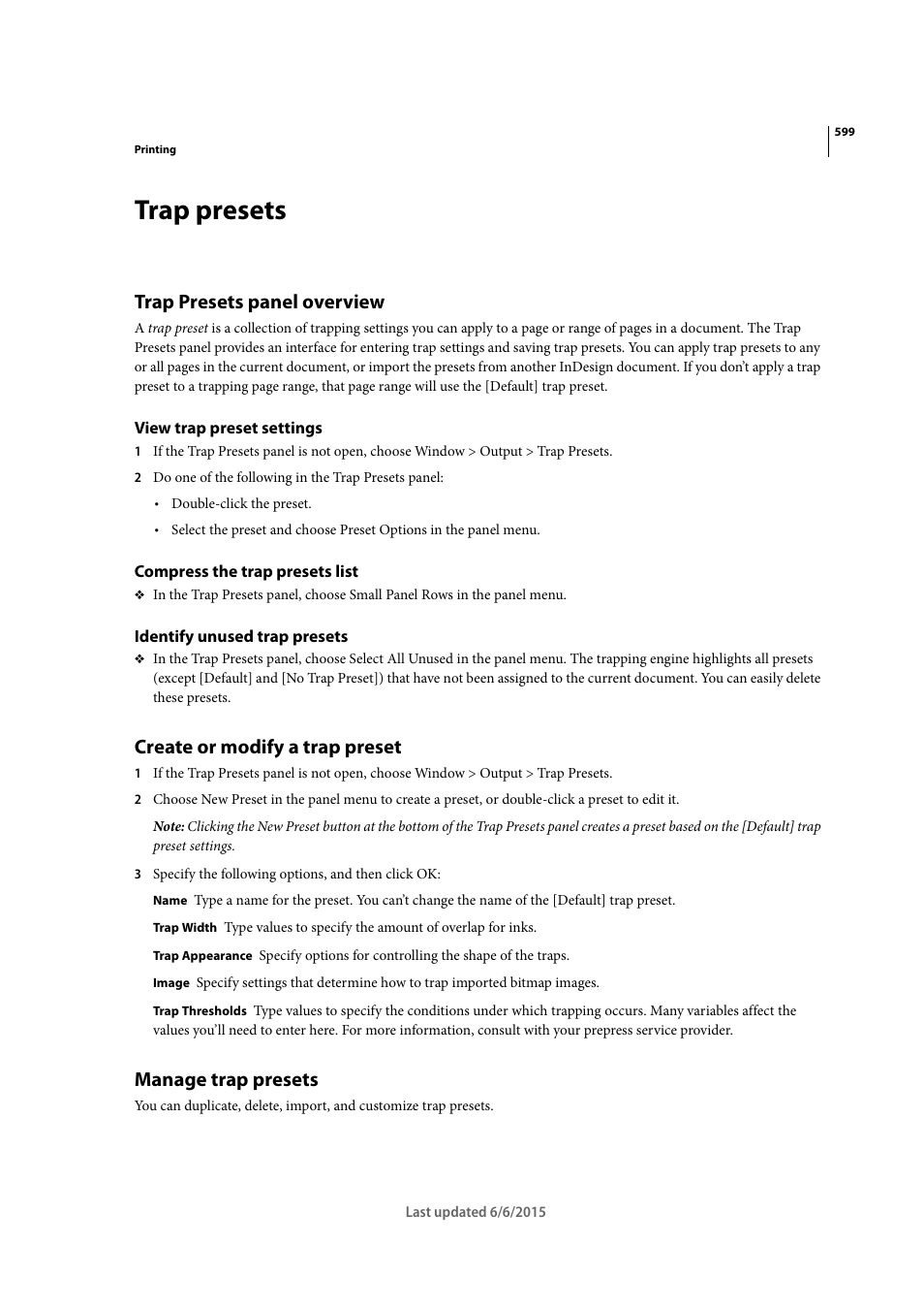 Trap presets, Trap presets panel overview, View trap preset settings | Compress the trap presets list, Identify unused trap presets, Create or modify a trap preset, Manage trap presets | Adobe InDesign CC 2015 User Manual | Page 604 / 643