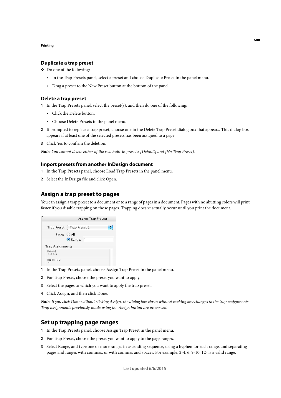 Duplicate a trap preset, Delete a trap preset, Import presets from another indesign document | Assign a trap preset to pages, Set up trapping page ranges | Adobe InDesign CC 2015 User Manual | Page 605 / 643