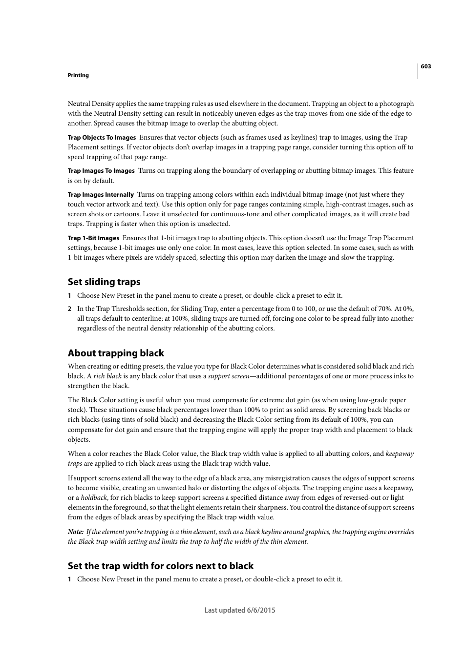 Set sliding traps, About trapping black, Set the trap width for colors next to black | Adobe InDesign CC 2015 User Manual | Page 608 / 643
