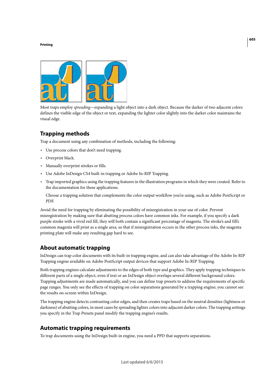 Trapping methods, About automatic trapping, Automatic trapping requirements | Adobe InDesign CC 2015 User Manual | Page 610 / 643