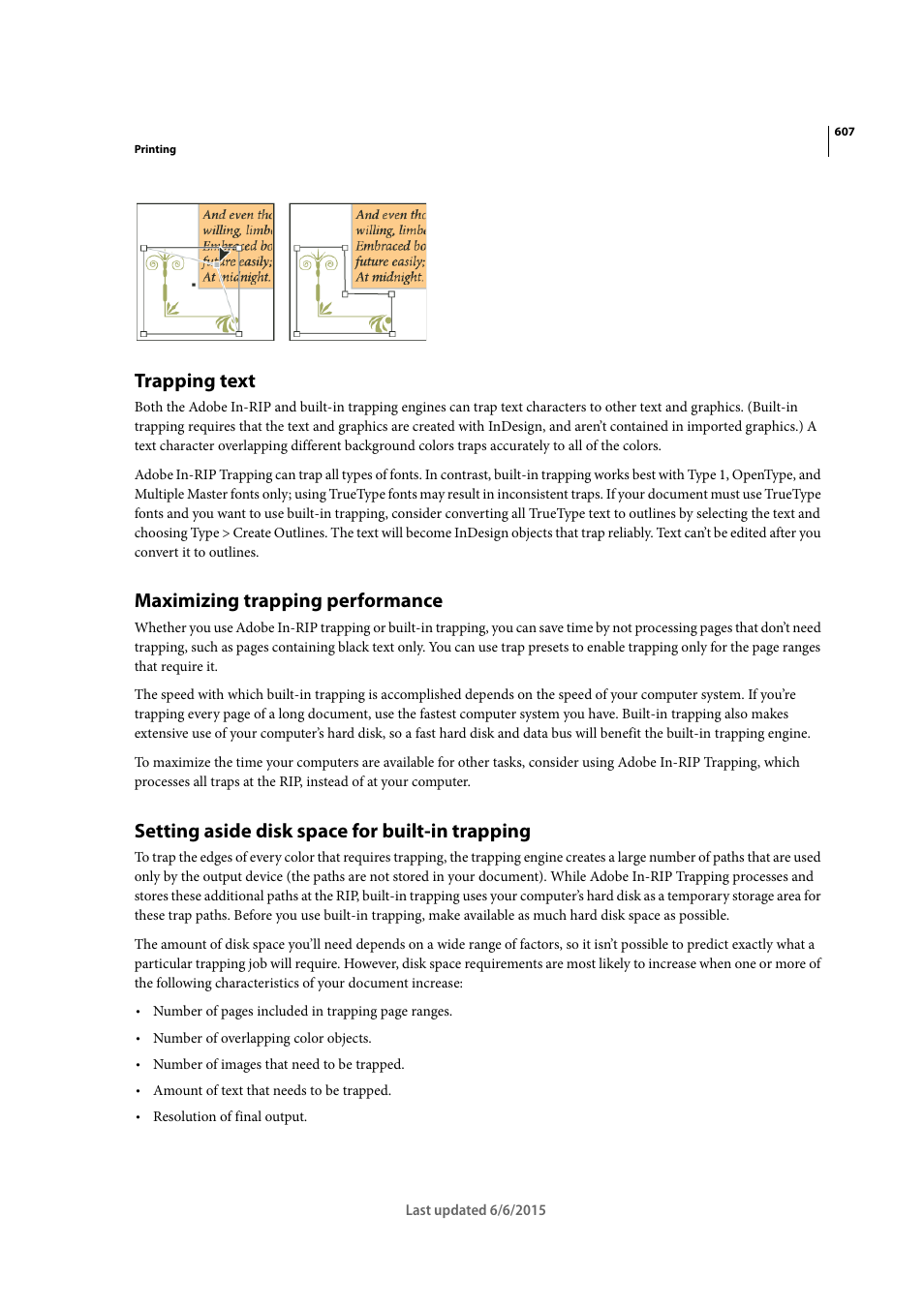 Trapping text, Maximizing trapping performance, Setting aside disk space for built-in trapping | Adobe InDesign CC 2015 User Manual | Page 612 / 643