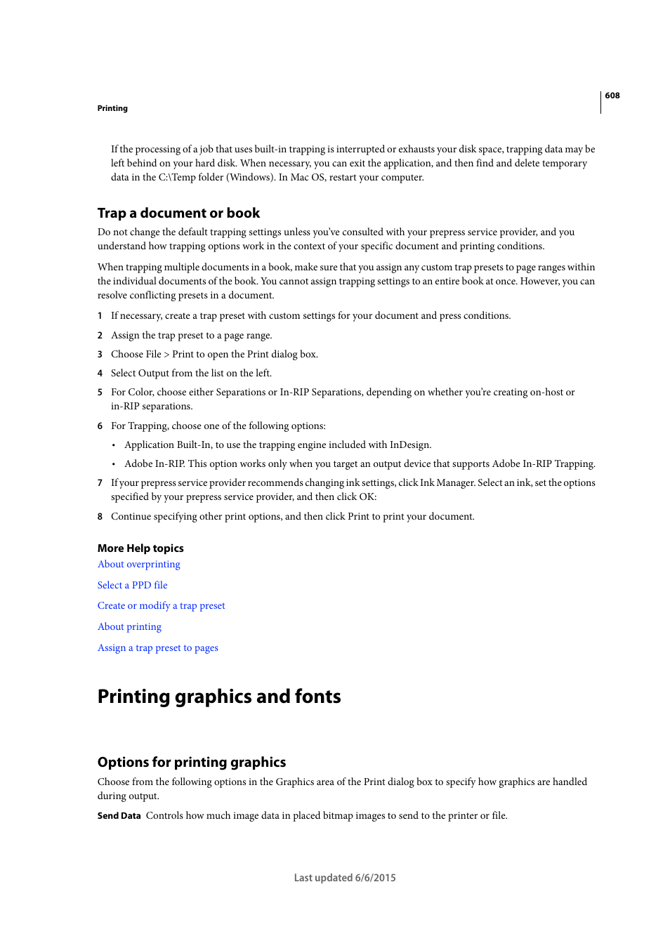 Trap a document or book, Printing graphics and fonts, Options for printing graphics | Adobe InDesign CC 2015 User Manual | Page 613 / 643