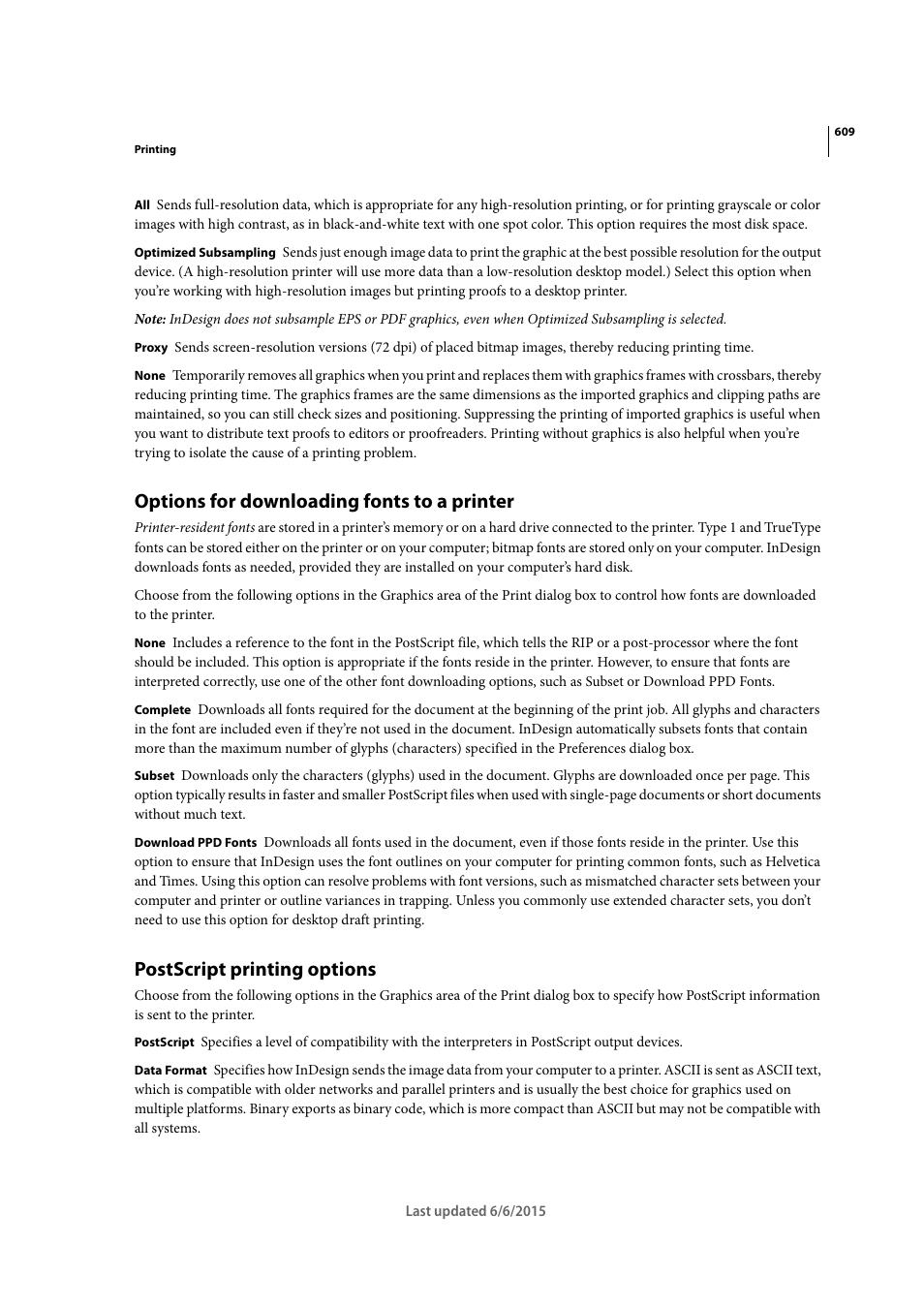 Options for downloading fonts to a printer, Postscript printing options | Adobe InDesign CC 2015 User Manual | Page 614 / 643