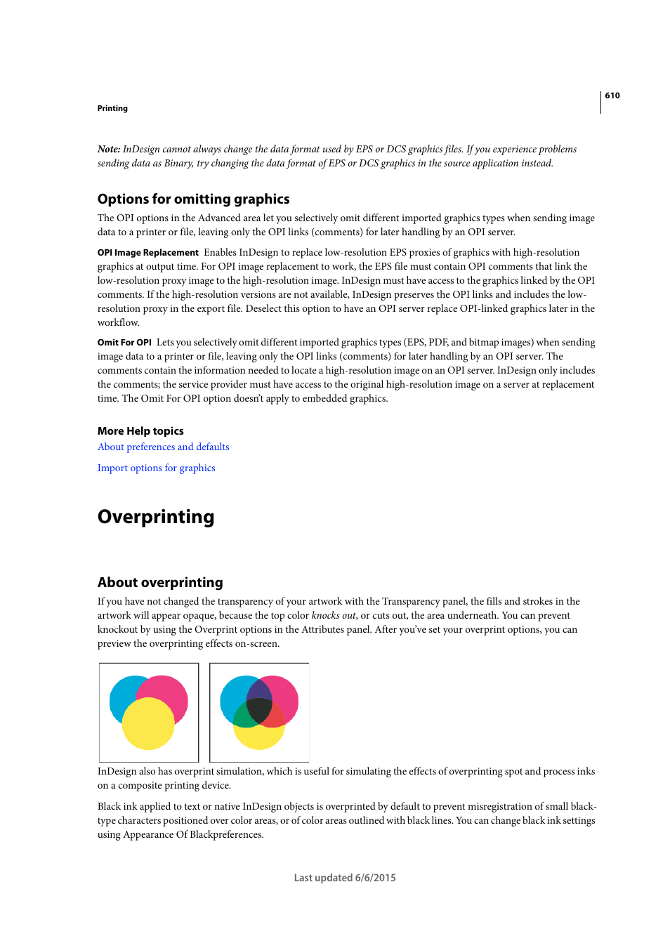 Options for omitting graphics, Overprinting, About overprinting | Adobe InDesign CC 2015 User Manual | Page 615 / 643