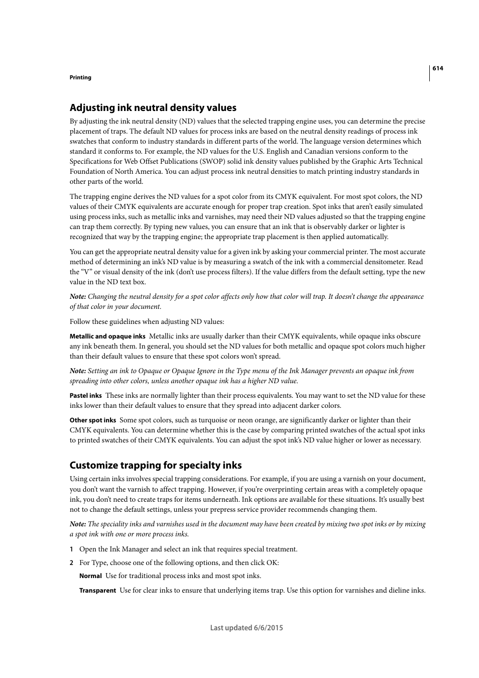 Adjusting ink neutral density values, Customize trapping for specialty inks | Adobe InDesign CC 2015 User Manual | Page 619 / 643