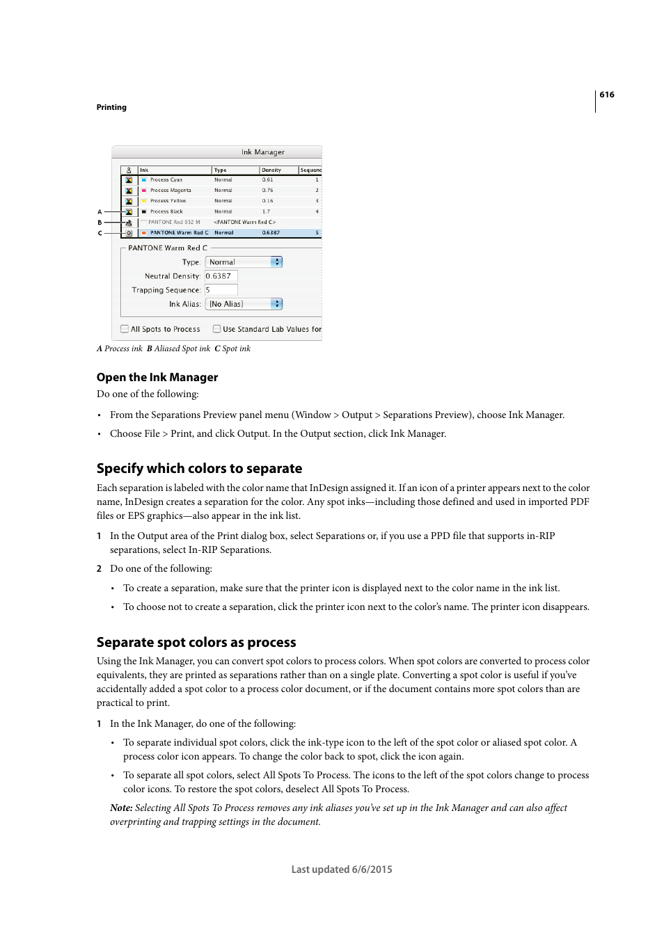 Open the ink manager, Specify which colors to separate, Separate spot colors as process | Adobe InDesign CC 2015 User Manual | Page 621 / 643