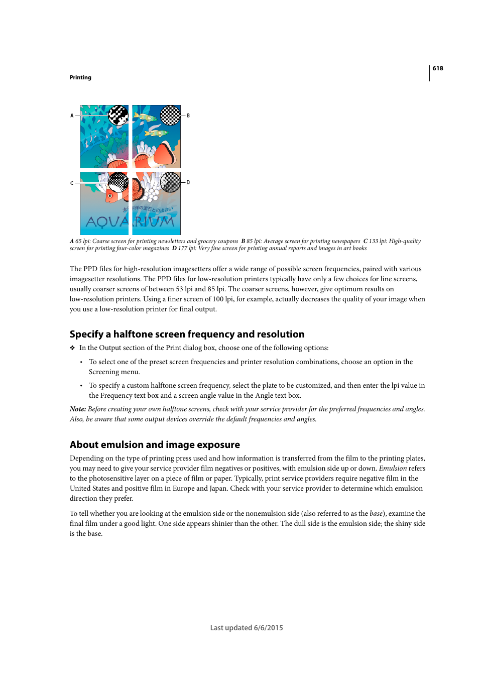 Specify a halftone screen frequency and resolution, About emulsion and image exposure | Adobe InDesign CC 2015 User Manual | Page 623 / 643