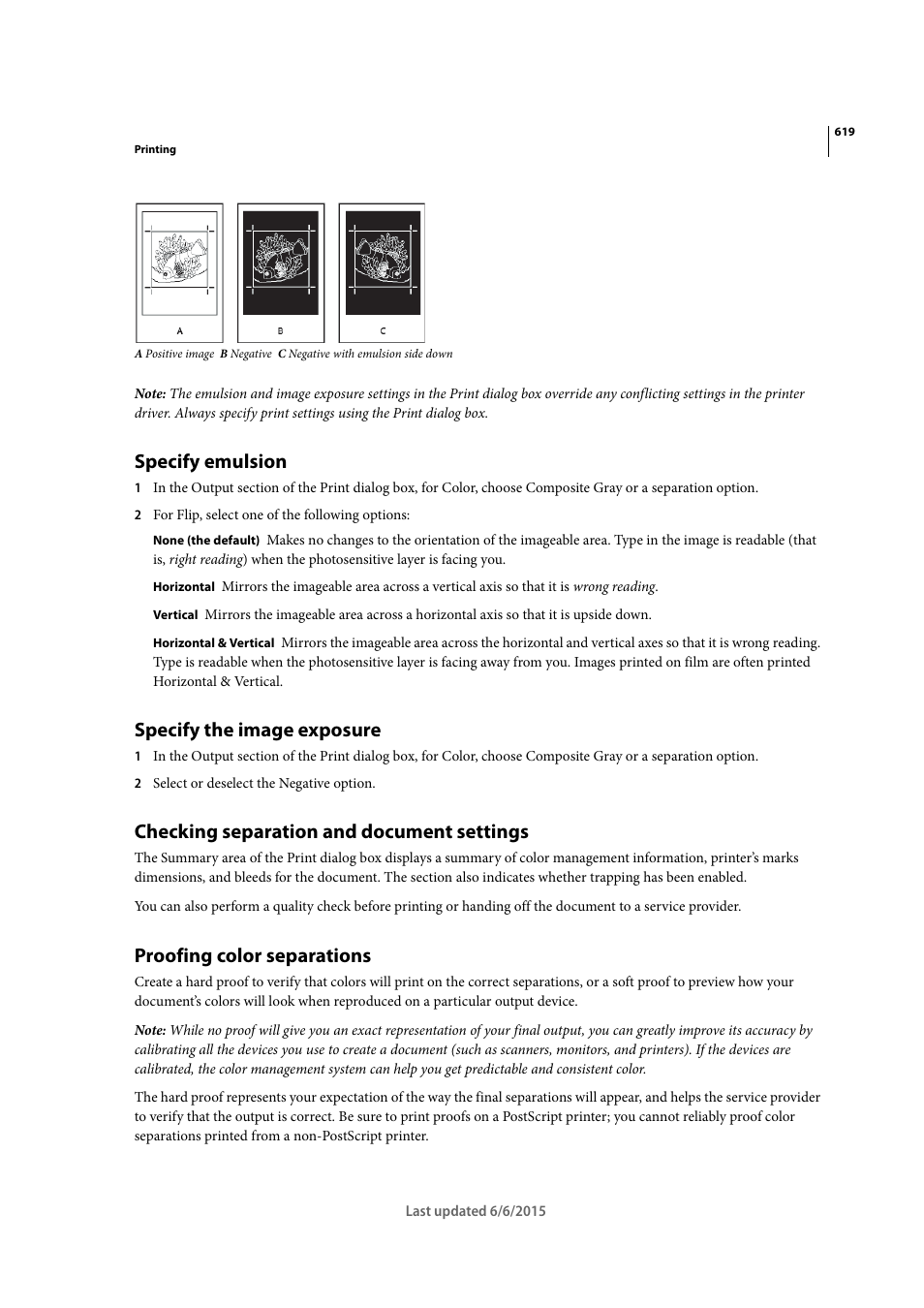 Specify emulsion, Specify the image exposure, Checking separation and document settings | Proofing color separations | Adobe InDesign CC 2015 User Manual | Page 624 / 643