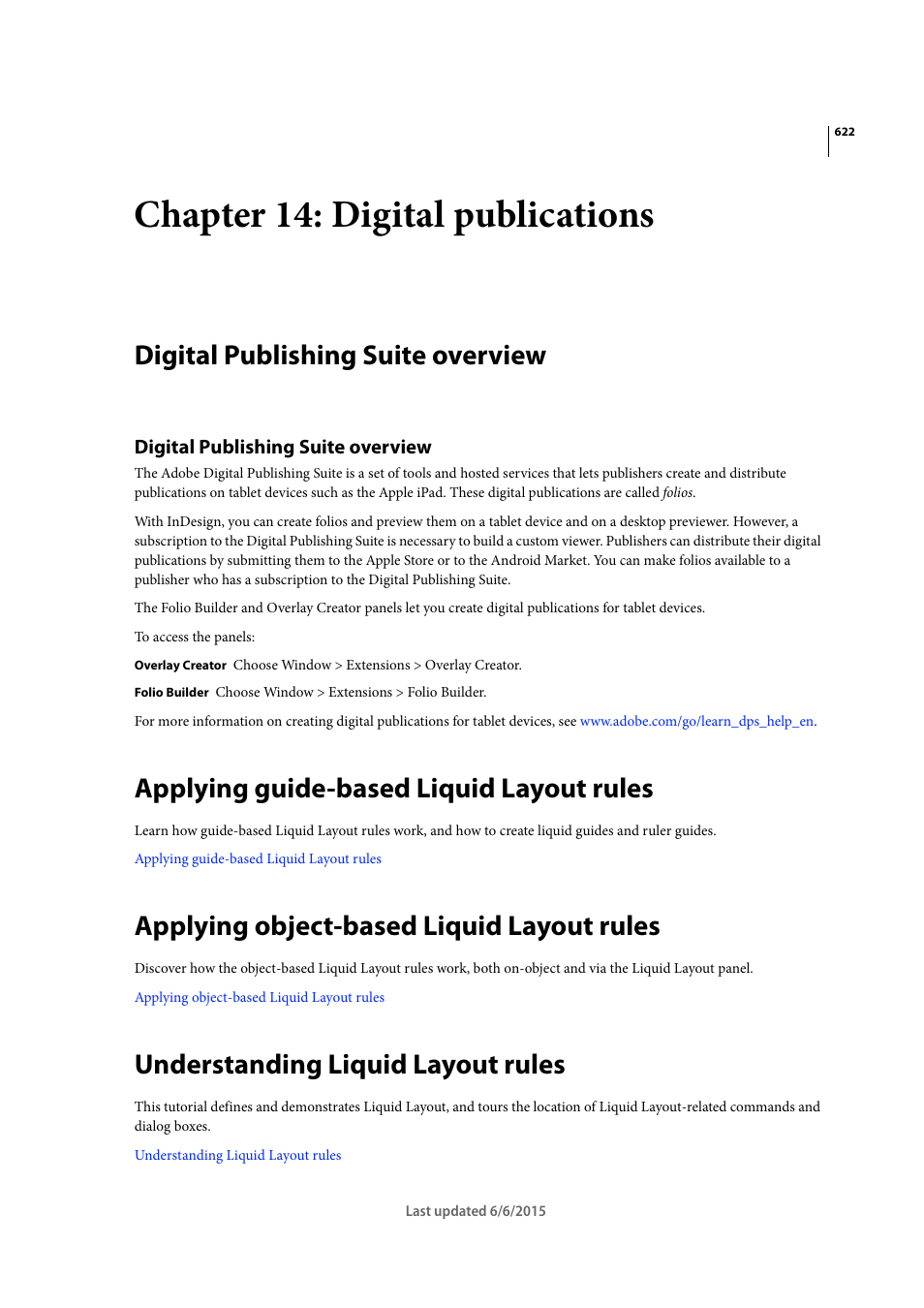 Chapter 14: digital publications, Digital publishing suite overview, Applying guide-based liquid layout rules | Applying object-based liquid layout rules, Understanding liquid layout rules | Adobe InDesign CC 2015 User Manual | Page 627 / 643