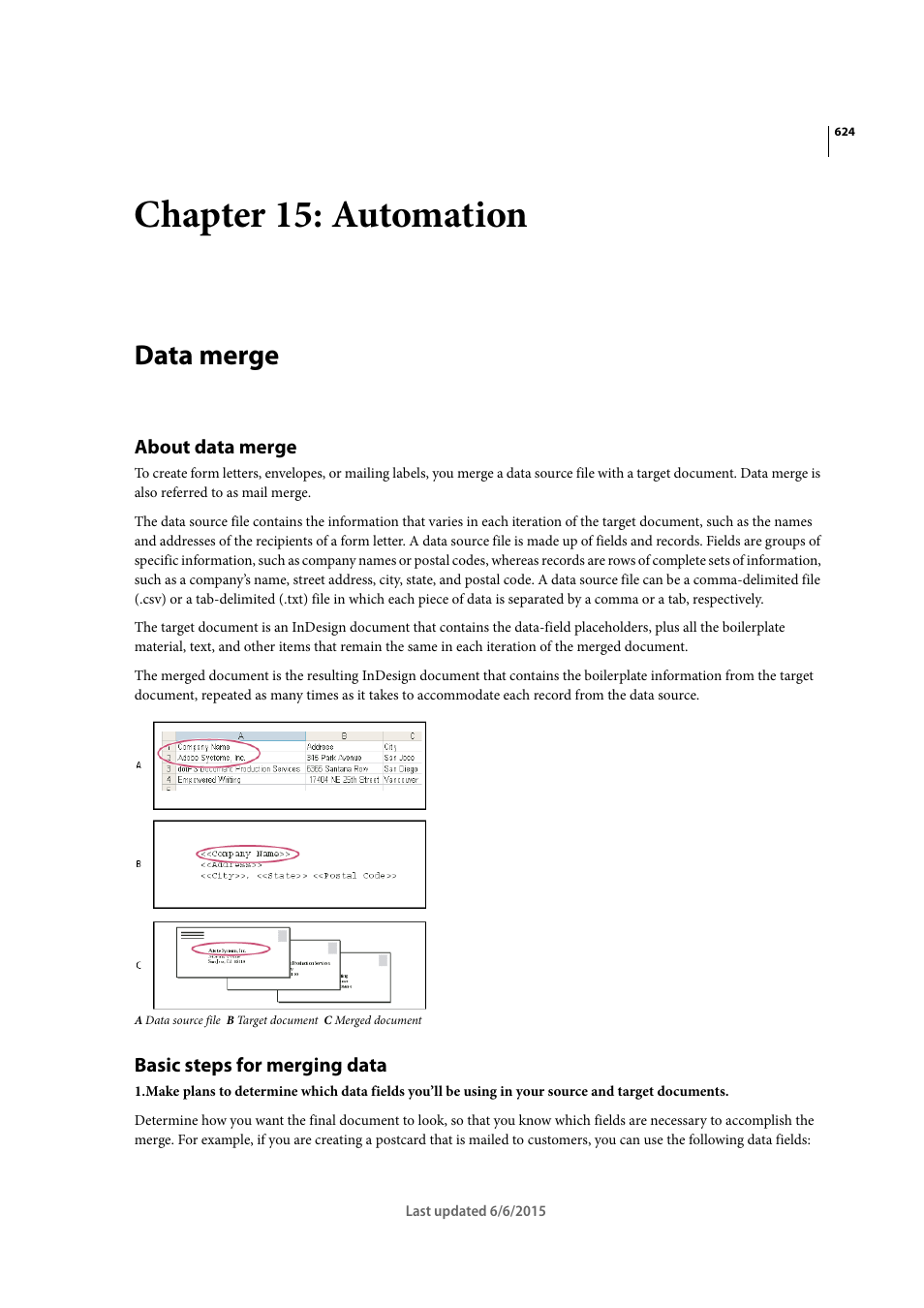 Chapter 15: automation, Data merge, About data merge | Basic steps for merging data | Adobe InDesign CC 2015 User Manual | Page 629 / 643