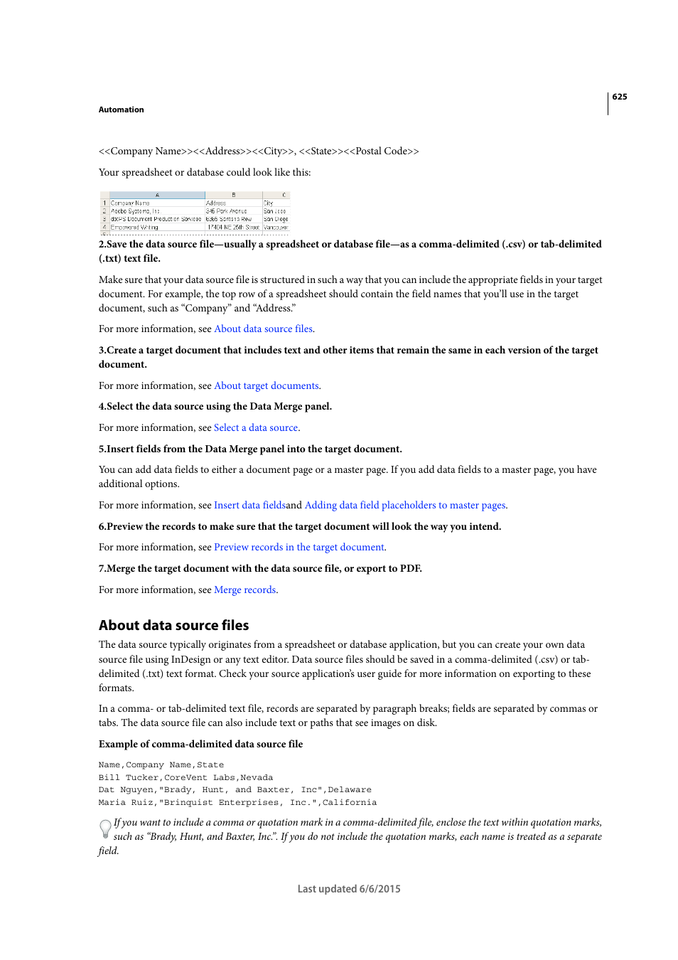About data source files | Adobe InDesign CC 2015 User Manual | Page 630 / 643