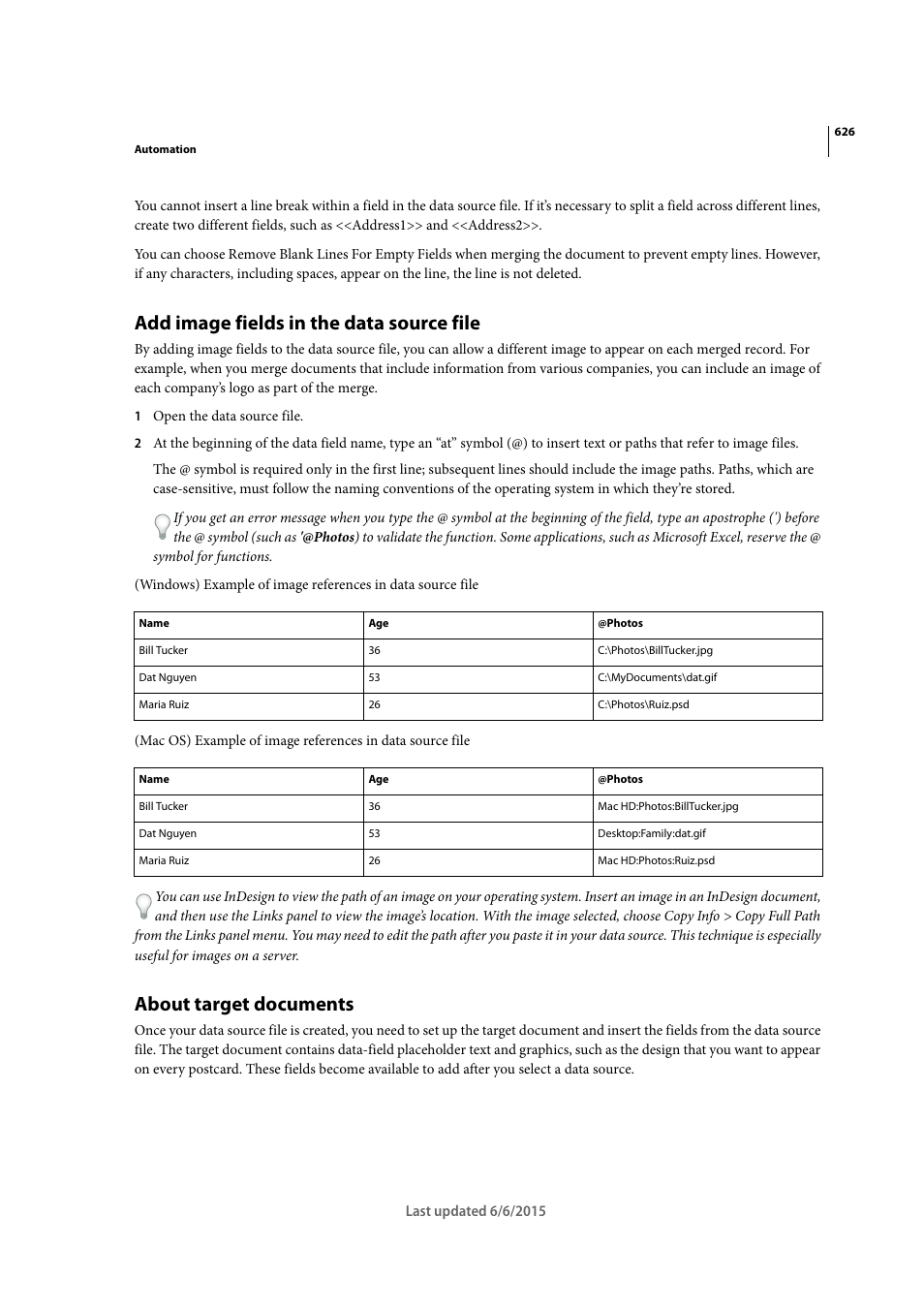 Add image fields in the data source file, About target documents | Adobe InDesign CC 2015 User Manual | Page 631 / 643