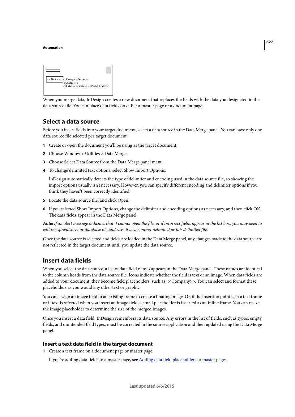 Select a data source, Insert data fields, Insert a text data field in the target document | Adobe InDesign CC 2015 User Manual | Page 632 / 643