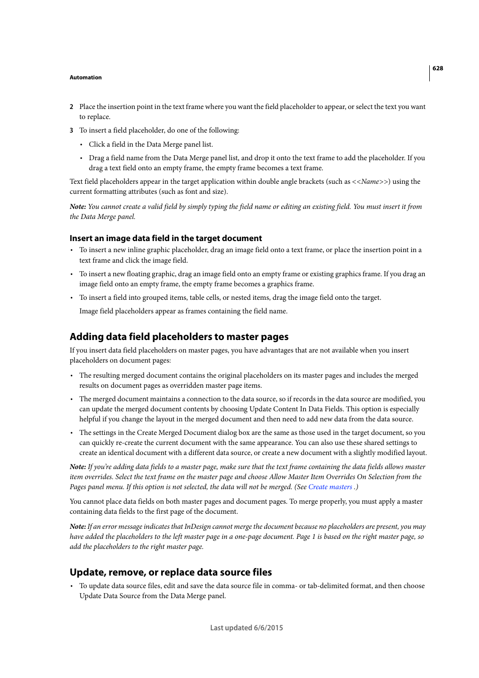 Insert an image data field in the target document, Update, remove, or replace data source files, Adding data field placeholders to master pages | Adobe InDesign CC 2015 User Manual | Page 633 / 643