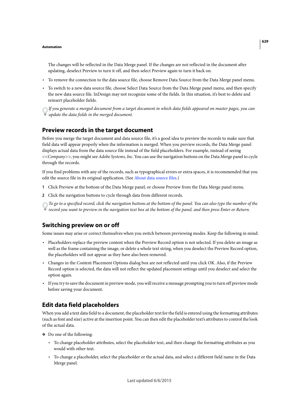 Preview records in the target document, Switching preview on or off, Edit data field placeholders | Adobe InDesign CC 2015 User Manual | Page 634 / 643