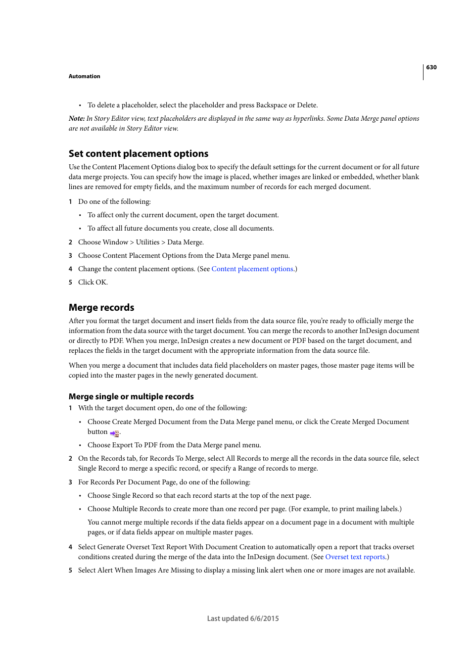 Set content placement options, Merge records, Merge single or multiple records | Adobe InDesign CC 2015 User Manual | Page 635 / 643