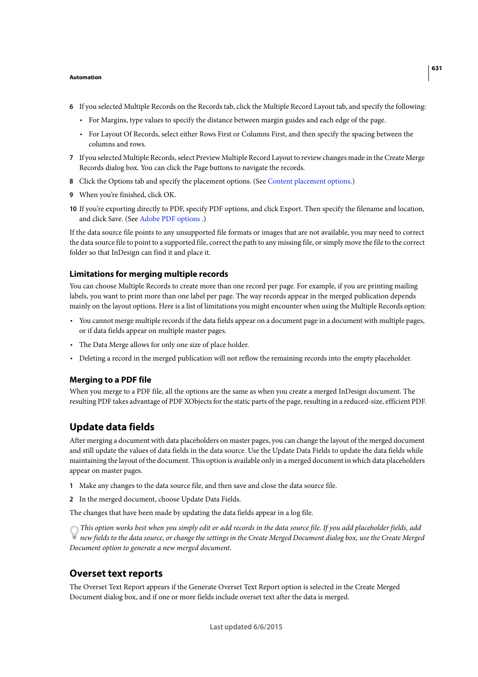 Limitations for merging multiple records, Merging to a pdf file, Update data fields | Overset text reports | Adobe InDesign CC 2015 User Manual | Page 636 / 643