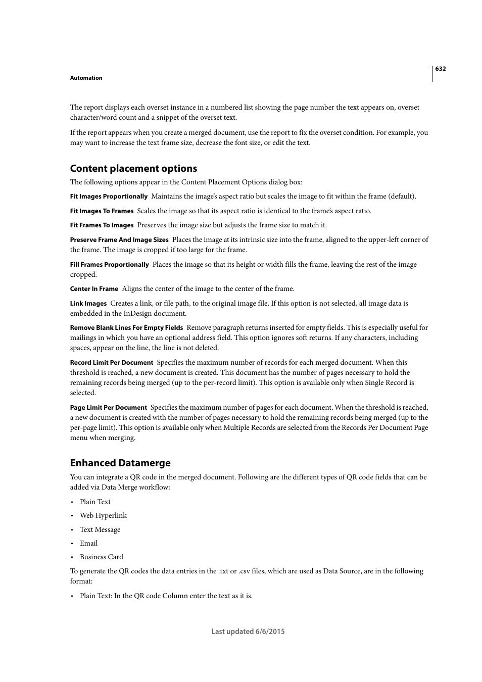 Content placement options, Enhanced datamerge | Adobe InDesign CC 2015 User Manual | Page 637 / 643