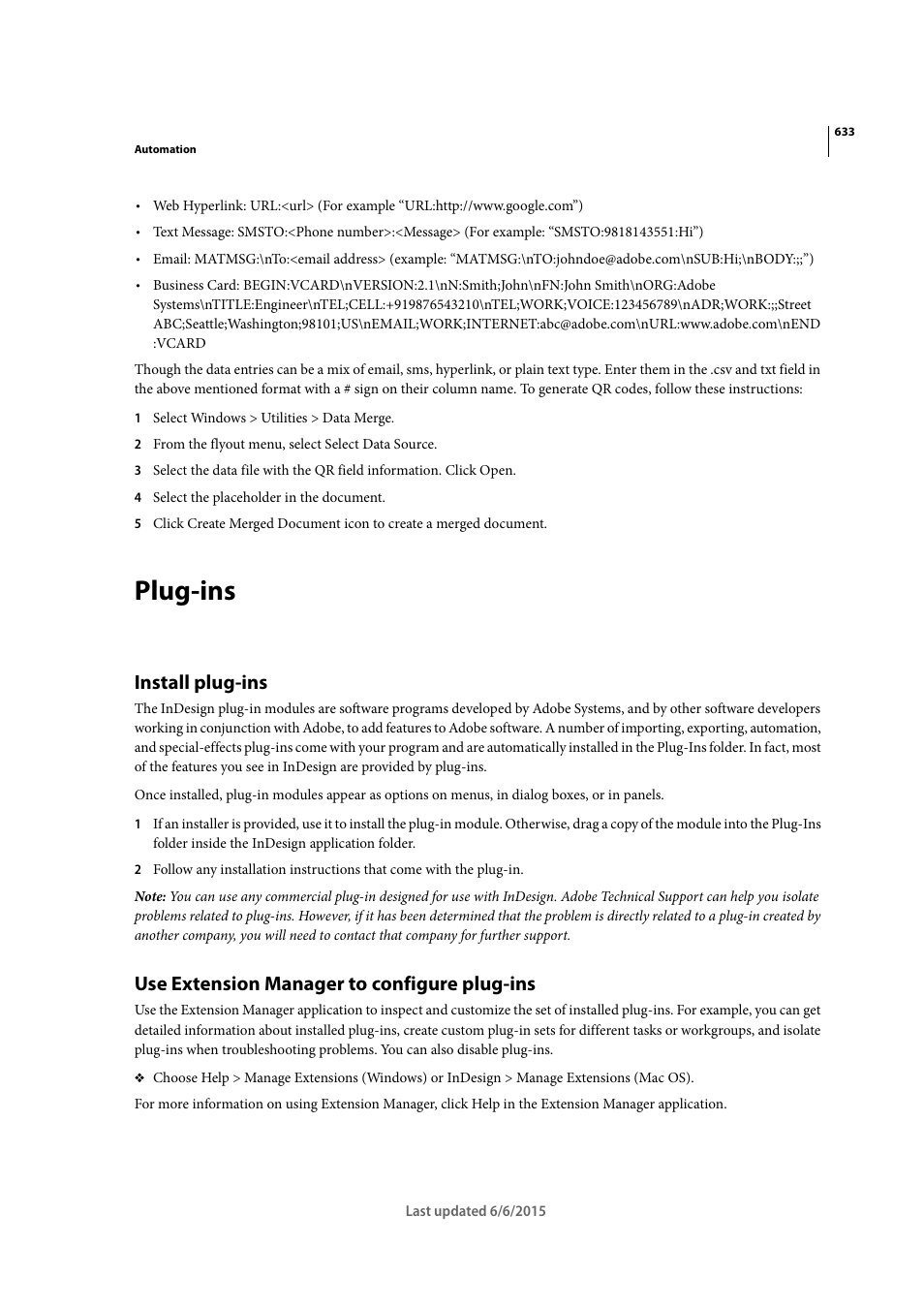 Plug-ins, Install plug-ins, Use extension manager to configure plug-ins | Adobe InDesign CC 2015 User Manual | Page 638 / 643