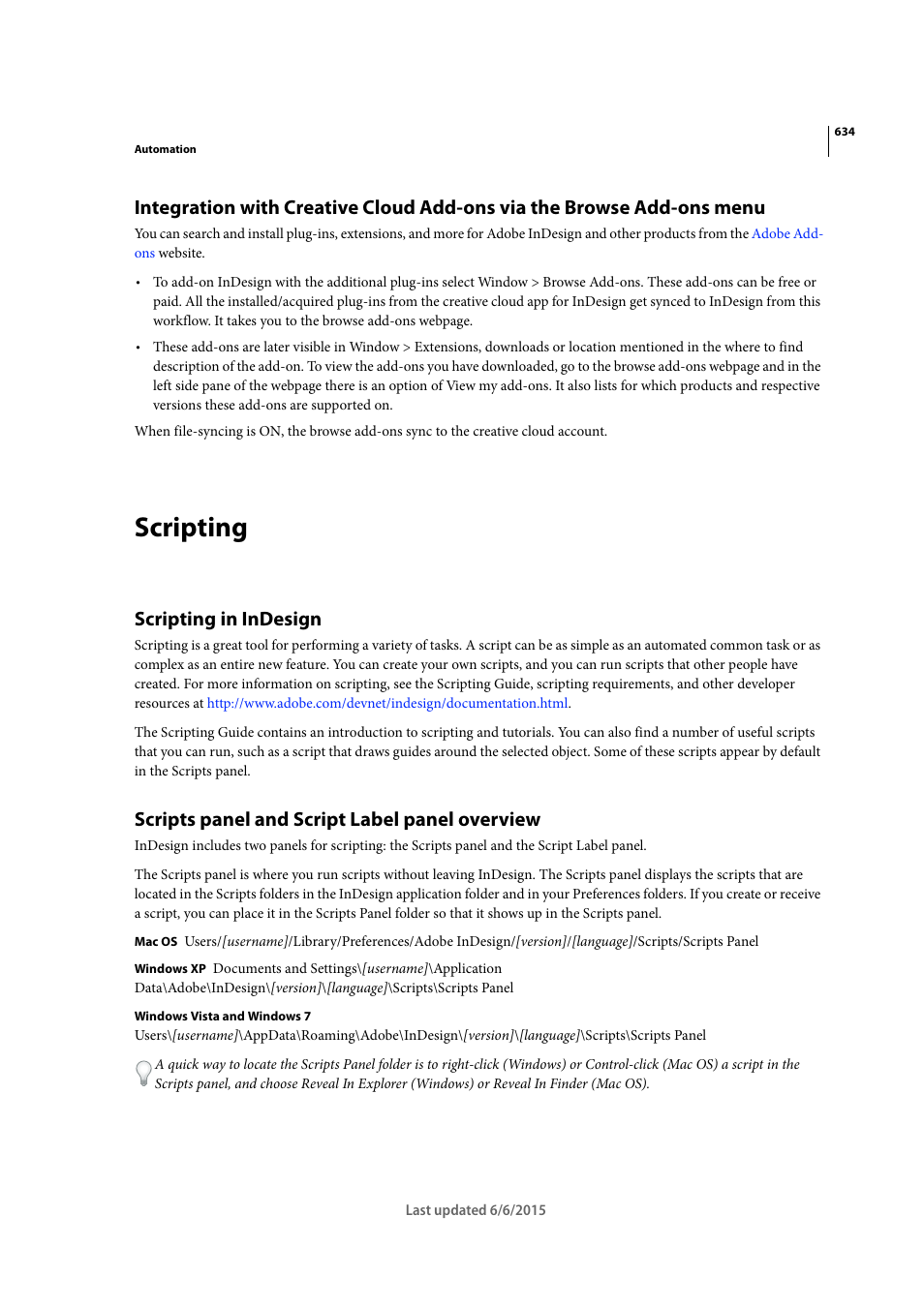 Scripting, Scripting in indesign, Scripts panel and script label panel overview | Adobe InDesign CC 2015 User Manual | Page 639 / 643