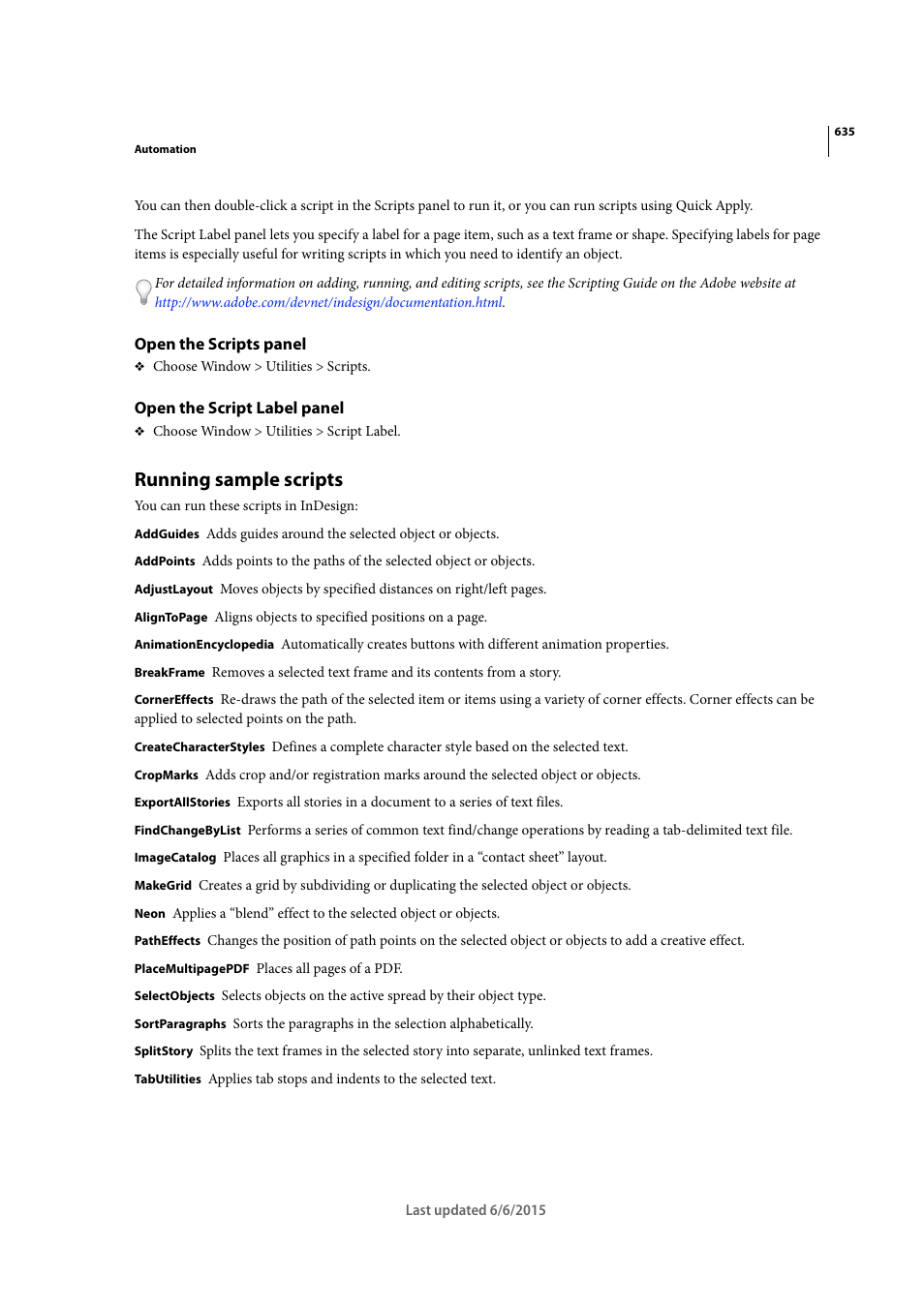 Open the scripts panel, Open the script label panel, Running sample scripts | Adobe InDesign CC 2015 User Manual | Page 640 / 643