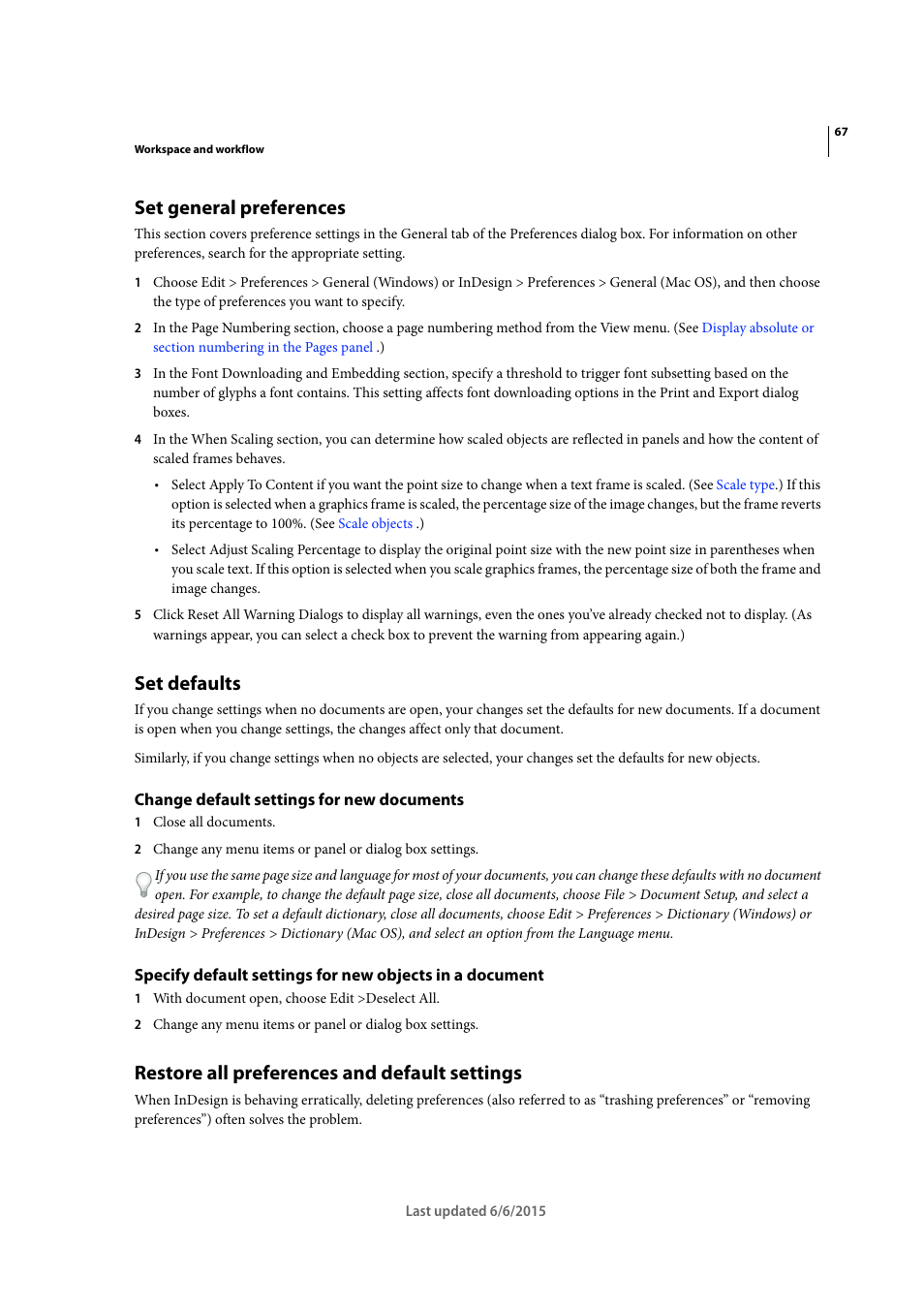 Set general preferences, Set defaults, Change default settings for new documents | Restore all preferences and default settings | Adobe InDesign CC 2015 User Manual | Page 72 / 643
